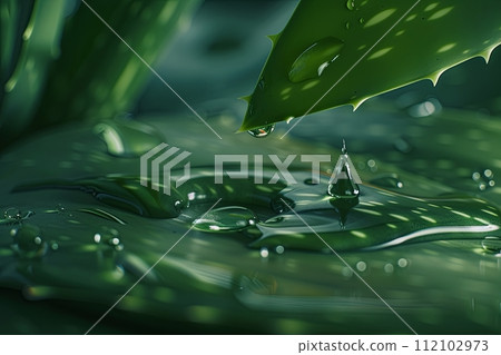 A close up of a green aloe vera plant with water drops on the leaves, displaying beautiful macro photography of this terrestrial houseplant, cosmetic concept 112102973