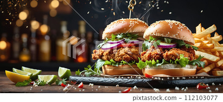 Close-up of a hamburger generously topped with vegetables and crispy baked vegetarian ingredients 112103077