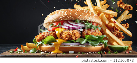 Close-up of a hamburger generously topped with vegetables and crispy baked vegetarian ingredients 112103078