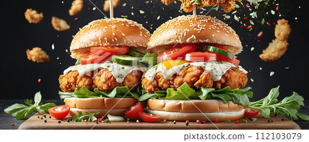 Close-up of a hamburger generously topped with vegetables and crispy baked vegetarian ingredients 112103079