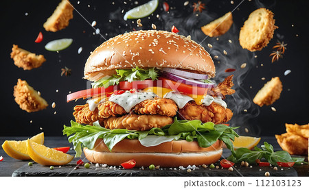 Close-up of a hamburger generously topped with vegetables and crispy baked vegetarian ingredients 112103123