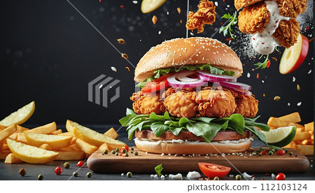 Close-up of a hamburger generously topped with vegetables and crispy baked vegetarian ingredients Close-up of a hamburger generously topped with vegetables and crispy baked vegetarian ingredients 112103124