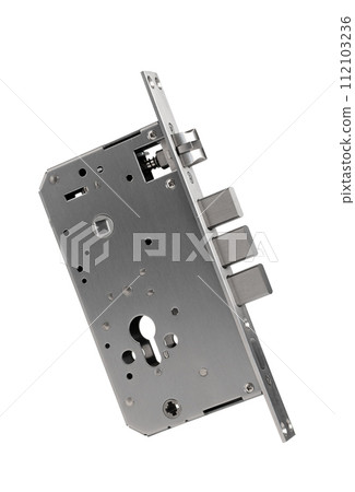 Metallic front door lock with three bolts, latch and strike plate on white background. high security lock. 112103236