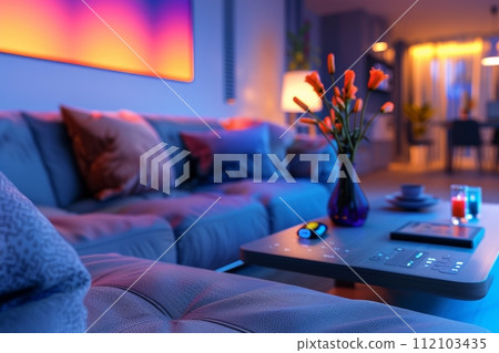 AI-generated content. Smart home IOT dashboard at living room. Generative AI 112103435