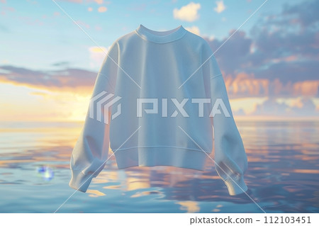 AI-generated content. Floating White Sweatshirt Against Cloudy Sky Background. Generative AI AI-generated content. Floating White Sweatshirt Against Cloudy Sky Background. Generative AI 112103451