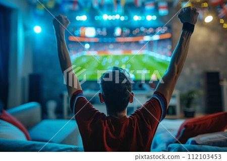 AI-generated content. Sport fans Celebrating Goal in Home Soccer Match Viewing. Generative AI AI-generated content. Sport fans Celebrating Goal in Home Soccer Match Viewing. Generative AI 112103453