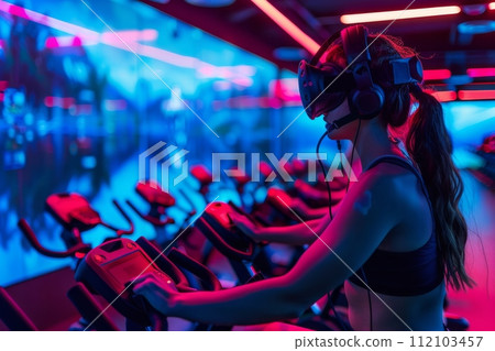 AI-generated content. Futuristic Virtual Reality Motorcycle Simulation. Generative AI 112103457