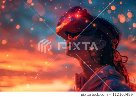 AI-generated content. A woman wearing VR headset user, surreal world and virtual reality, colorful flowers fields. Generative AI 112103499