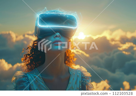 AI-generated content. A woman wearing VR headset user, surreal world and virtual reality, colorful flowers fields. Generative AI 112103528