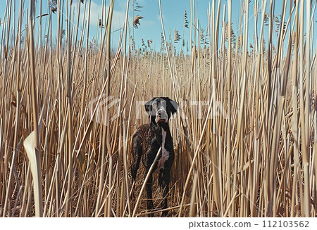 AI-generated content. Alert black dog among tall golden grass under clear blue sky 112103562