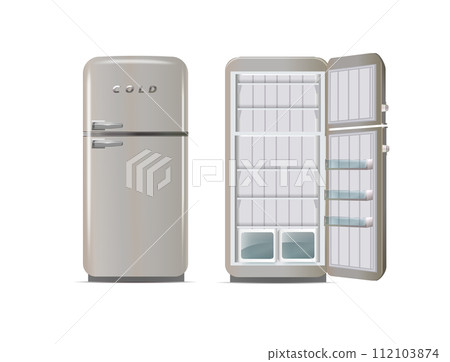 Modern fridges. Realistic coolers, refrigerators for home or restaurant kitchen and cold products storage. 3d Vector Modern fridges. Realistic coolers, refrigerators for home or restaurant kitchen and cold products storage. 3d Vector 112103874