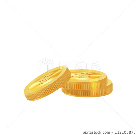 Realistic golden coins pile. Stacks of gold money, cash or treasure. Bank and finance. Investment, profit or gain. Copy space. Vector 112103875