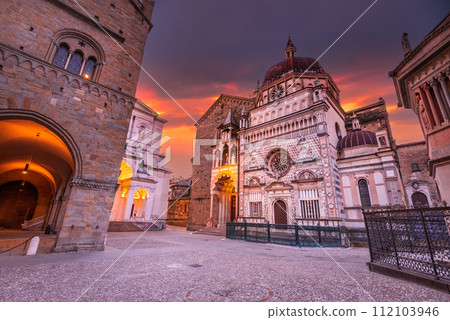 Bergamo, Italy - Piazza Duomo in the upper town, Citta Alta at dusk, beautiful historical town in Lombardy 112103946