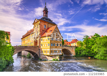 Bamberg, Germay. Beautiful small town of Bavaria, colored sunset sky.. 112103965