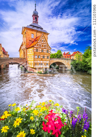 Bamberg, Germay. Beautiful small town of Bavaria, colored sunset sky.. 112103966
