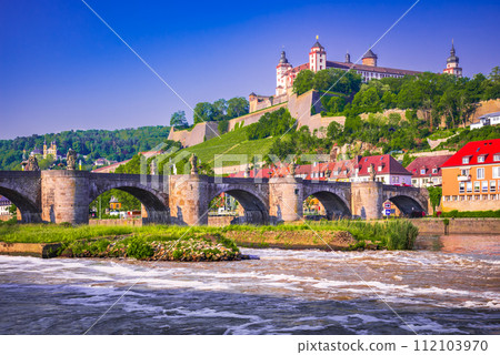 Wurzburg, Germany. Main River summer landscape, Bavaria. Marienberg Castle Wurzburg, Germany. Main River summer landscape, Bavaria. Marienberg Castle 112103970