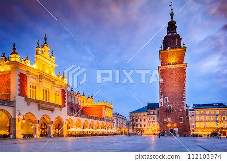 Krakow, Poland - Medieval Ryenek Square with Town Hall Tower. 112103974