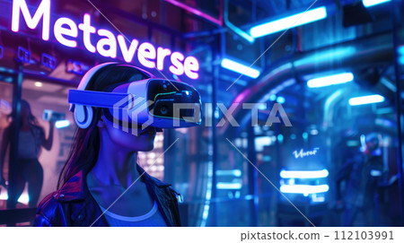 Girl in VR headset walks in metaverse, customer using virtual reality in neon store, young woman in online shop. Concept of technology, future, retail and cyber World 112103991