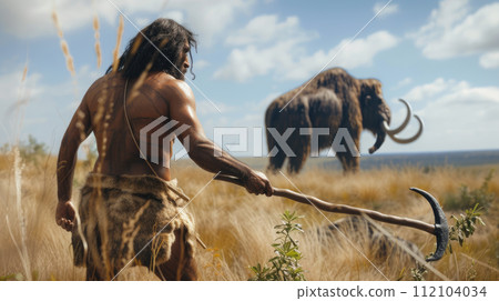 Neanderthal man hunts woolly mammoth, strong primitive bearded hunter and animal, caveman of prehistoric era outdoor. Concept of ancient people, Stone Age and human 112104034