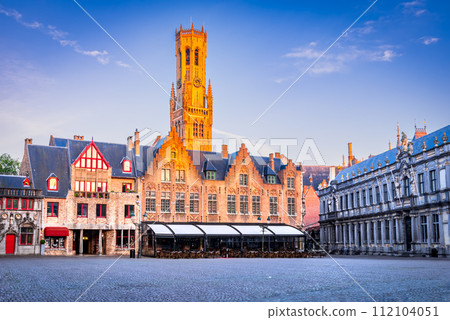 Bruges, Belgium. Sunrise in Burg, Belfry Tower, Flanders travel destination. 112104051