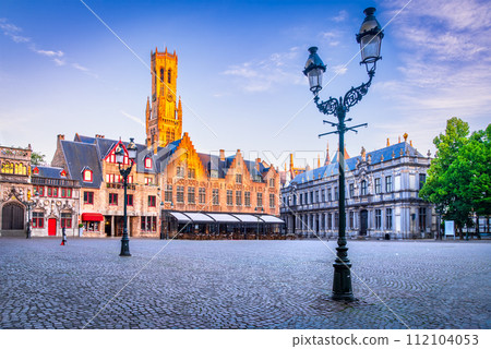 Bruges, Belgium. Sunrise in Burg Square with Belfry, Flanders travel destination. 112104053