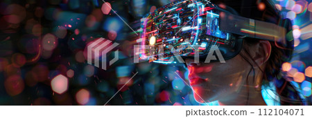 Adult girl playing VR glasses on blurred neon background, young woman uses futuristic headset for metaverse. Concept of technology, virtual reality, banner, art, digital future Adult girl playing VR glasses on blurred neon background, young woman uses futuristic headset for metaverse. Concept of technology, virtual reality, banner, art, digital future 112104071