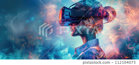 Adult girl playing VR glasses on smoke and fire background, young woman uses futuristic headset for virtual reality. Concept of technology, metaverse, game, banner, art, future Adult girl playing VR glasses on smoke and fire background, young woman uses futuristic headset for virtual reality. Concept of technology, metaverse, game, banner, art, future 112104073