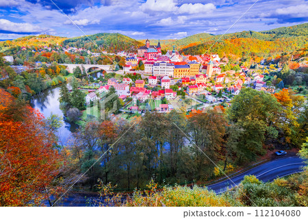 Loket, Czech Republic. Charming town, Ohre River in the near of Karlovy Vary, Bohemia, autumn colors. Loket, Czech Republic. Charming town, Ohre River in the near of Karlovy Vary, Bohemia, autumn colors. 112104080