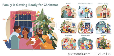 Christmas celebration set. Cheerful family members or friends having fun on festive night. People spending time together on winter holidays. Festive traditions. Flat vector illustration 112104170