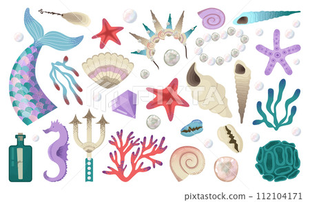 Mermaid elements set. Magical undersea world, seashell, starfish, corals and seaweed. Underwater fairy marine creatures living in the ocean. Flat vector illustration 112104171