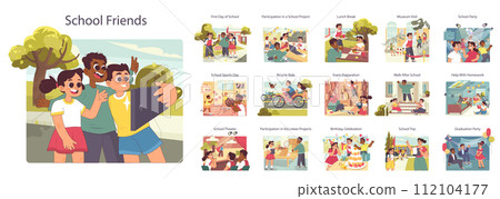 School friends set. Group of students hanging out together during different academical and entertaining activities. Children studying and having fun. Flat vector illustration 112104177