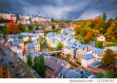 Luxembourg. Grund district on Alzette Valley, aerial view of Luxemburg. 112104181