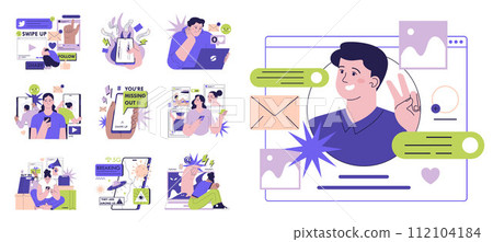 Negative aspects and bad impact of social media set. Psychological effects of social networks on people. Low self-esteem, loneliness and stress. Flat vector illustration Negative aspects and bad impact of social media set. Psychological effects of social networks on people. Low self-esteem, loneliness and stress. Flat vector illustration 112104184