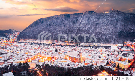 Brasov, Romania - Transylvania winter scenic landscape with Christmas Market 112104193