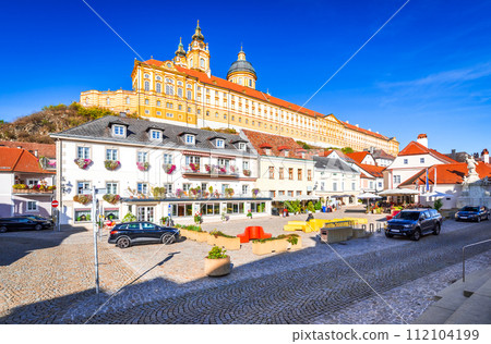 Melk, Austria. Historical downtown with Stift Melk overlooking main square. Scenic Wachau, Danube River valley. 112104199