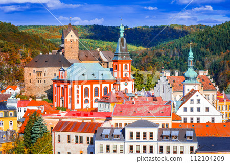 Loket, Czech Republic. Charming colorful town, Ohre River in Bohemia, autumn colors. 112104209