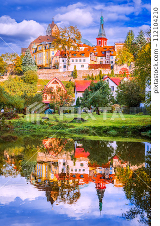 Loket, Czech Republic. Charming town, Ohre River in Bohemia, autumn colors. Loket, Czech Republic. Charming town, Ohre River in Bohemia, autumn colors. 112104210