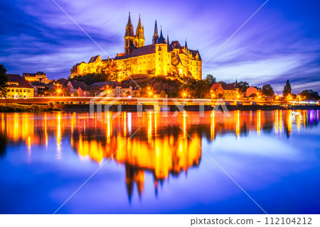 Meissen, Germany. Twilight blue sky, Albrechtsburg castle and cathedral on the River Elbe, Saxony. Meissen, Germany. Twilight blue sky, Albrechtsburg castle and cathedral on the River Elbe, Saxony. 112104212