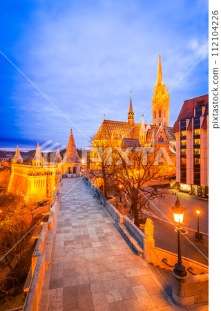Budapest, Hungary. Matyas Cathedral on Buda Hill, illuminated on night. 112104226