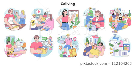 Co-living set. Friends or roommates living together. Characters hang out in dormitory or student apartment. Joint living and recreation in friends company. Flat vector illustration. 112104263
