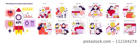 KPI indicators for project implementation set. Key performance indicators for project management. Indicators helping to measure project development or personnel performance. Flat vector illustration KPI indicators for project implementation set. Key performance indicators for project management. Indicators helping to measure project development or personnel performance. Flat vector illustration 112104278