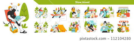 Slow traveling. Slow life principles and activity. Outdoor relaxation or traveling. Modern practice for body and mind wellness. Flat vector illustration 112104280