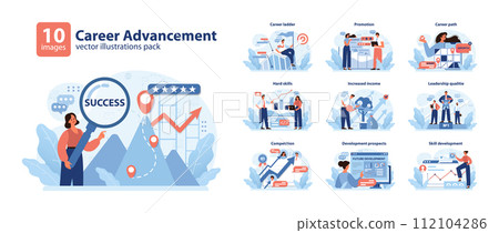 Career Advancement set explores professional growth, showcasing promotion, leadership skills, and income increase. Navigating job success strategies. Flat vector illustration. Career Advancement set explores professional growth, showcasing promotion, leadership skills, and income increase. Navigating job success strategies. Flat vector illustration. 112104286