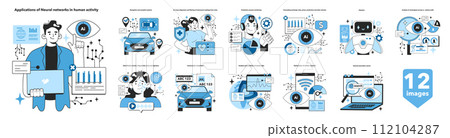 Neural network application in human activity set. Self-learning computing system processing different types of data. Modern deep machine learning technology. Flat vector illustration 112104287