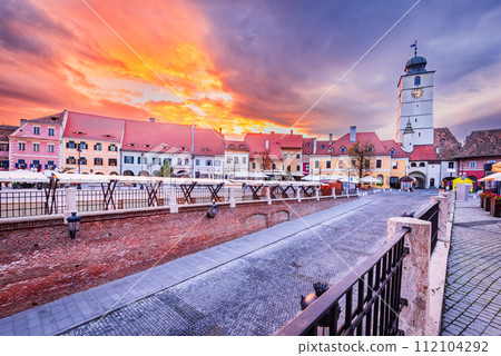 Sibiu, Romania. Lesser Square and Council Tower, Transylvania travel place. Sibiu, Romania. Lesser Square and Council Tower, Transylvania travel place. 112104292