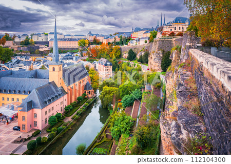 Luxembourg, Luxembourg City. Grund district on Alzette Valley, aerial view. Luxembourg, Luxembourg City. Grund district on Alzette Valley, aerial view. 112104300