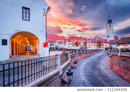 Sibiu, Romania. Lesser Square and Council Tower, Transylvania travel place. 112104308