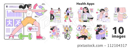Health applications set. Characters using digital device and gadgets to monitor body activity and mental health. Heartbeat, temperature control and pedometer. Flat vector illustration Health applications set. Characters using digital device and gadgets to monitor body activity and mental health. Heartbeat, temperature control and pedometer. Flat vector illustration 112104317