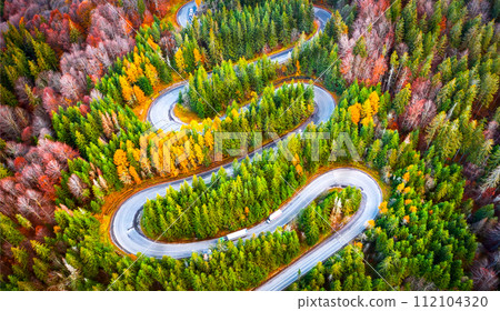 Cheia, Romania - Famous winding road on Bratocea Pass, Carpathian Mountains. 112104320