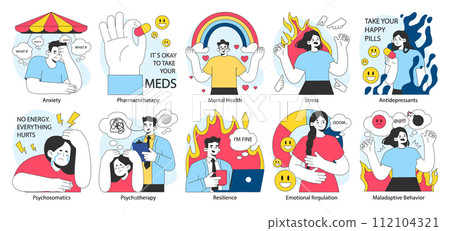 Neurosis set. Chronic stress and anxiety mental disorder. Character feeling despair, suffering from panic attack. Psychotherapy and pharmacotherapy treatment. Flat vector illustration 112104321